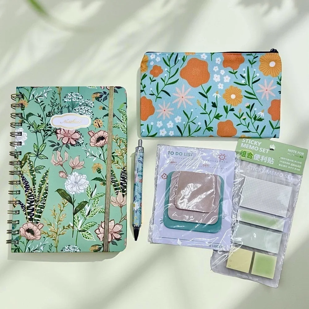 The Notebook Hardcover Floral Stationary Set Green Floral Theme